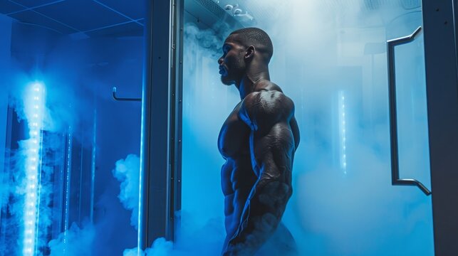 A muscular man stands in a cryotherapy chamber, with blue light and fog filling the space.