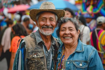Obraz premium Portrait of a smiling latino couple in their 60s sporting a rugged denim jacket isolated on vibrant festival crowd