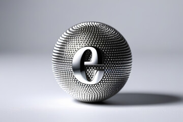 letter 'e' embedded in a textured metallic sphere. The intricate and reflective design against a plain background gives it a modern and stylish appearance