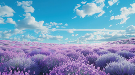 Obraz premium Lavender field in full bloom under a clear sky with scattered clouds