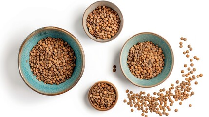 Top and side views of bowls with uncooked lentils on a white background