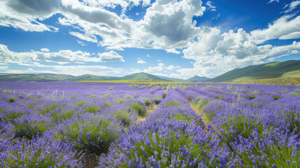 Lavender field in full bloom under a clear sky with scattered clouds