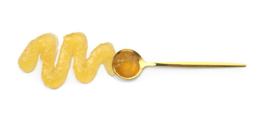 Tasty sweet jam and spoon isolated on white, top view