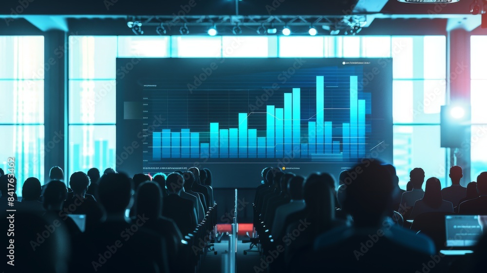 Poster a business presentation with a bar graph displayed on a large screen, highlighting key data points a