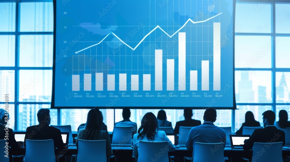 Poster a business presentation with a bar graph displayed on a large screen, highlighting key data points a
