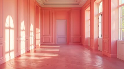 Fototapeta premium Bright peach fuzz pink room with elegant paneling, large windows, and natural sunlight creating a warm atmosphere. Perfect for creative interior designs.