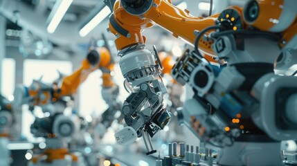 Fototapeta premium Electronic components assembled by high-speed robotic arms in a smart factory setting. Smart factory automation