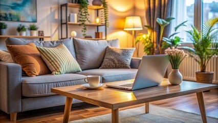 Cozy living room setup with a laptop on a coffee table, surrounded by comfortable sofa cushions, soft lighting, and modern decor showcasing a technology-driven lifestyle.