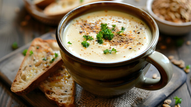 A cup of luscious pale gold veloute. sprinkled with fresh condiments and wedges of multigrain bread on the side. 