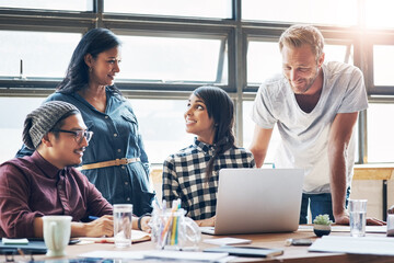 Happy, journalists and business meeting for planning, online article and web blog with design layout feedback. Smile, freelance writers and people with laptop for magazine research and communication