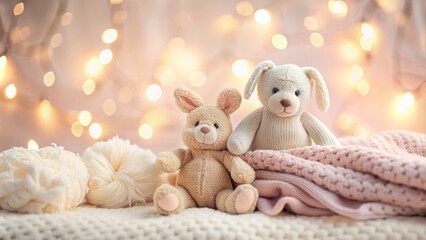 Fototapeta premium Softly lit pastel background with gentle focus on warm textiles and plush toys, conveying a sense of nurturing, love, and tender care.