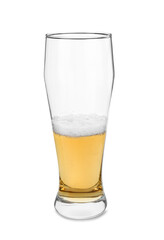 Half full glass of beer isolated on white