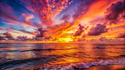 Fototapeta premium Vibrant orange and pink hues dominate the serene sky as the sun sets over the calm ocean, creating a warm and inviting atmosphere.