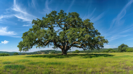 Obraz premium Majestic oak tree in a sprawling green meadow under a bright blue sky