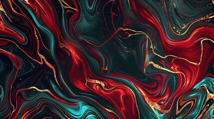 Obraz premium A dark red and turquoise marble pattern with gold veins. fluid lines. vector art. dark background 