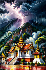 watercolor of A dramatic scene of Doi Suthep Temple during a storm with lightning bolts illuminating the golden pagodas and dark clouds hanging heavy over the mountain