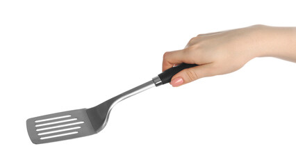 Woman with metal spatula on white background, closeup