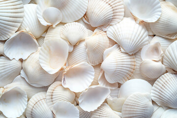 Beautiful background, white shells, top view, texture, background photo. Advertising banner