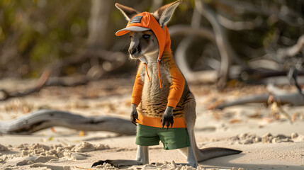 A delightful little kangaroo wearing a retro cap. solid-colored hoodie. and green shorts is standing on the sand. full body shot 