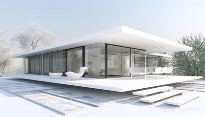 modern minimalist house with white exterior, large outdoor deck, and serene indoor-outdoor living. Generative AI