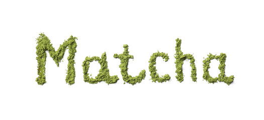 Word Matcha made of green powder isolated on white, top view