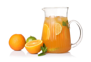 Freshly made lemonade in jug, citrus fruits and mint isolated on white