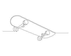 Continuous one line drawing of skateboard on street road. One line drawing illustration of skateboard. Extreme classic sport concept continuous line art. Editable outline.