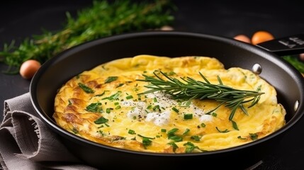 Omelette fried egg in a black frying pan