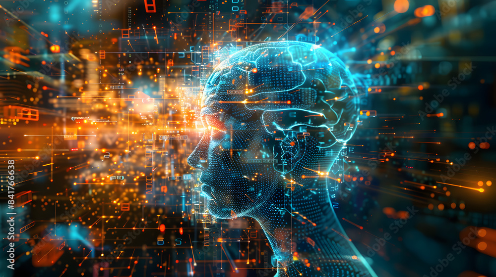 Poster a digital brain and body in the background. with data flowing from it to form numbers or code symbol