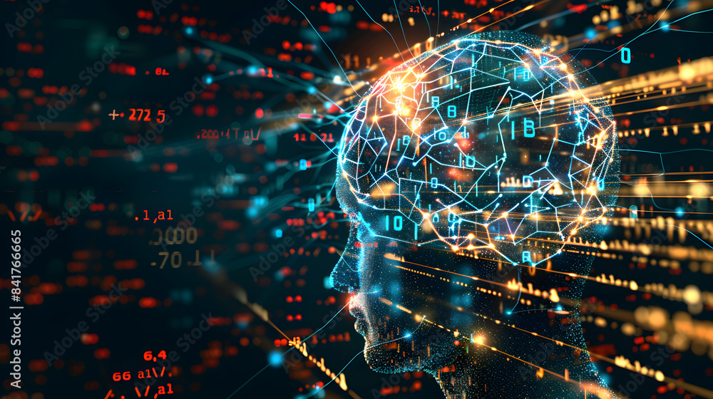 Poster a digital brain and body in the background. with data flowing from it to form numbers or code symbol
