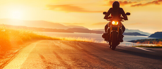 A person riding a motorcycle along a coastal road, silhouetted by sunset. with copy and space