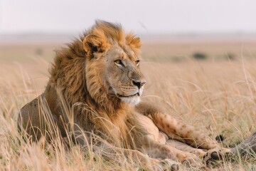 Obraz premium Playful Lion Frolicking in the Wind on the African Savanna.