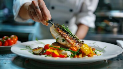 A chef presenting a beautifully plated dish of grilled fish with colorful garnishes, showcasing culinary creativity.