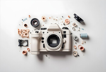 a camera and other items scattered around it