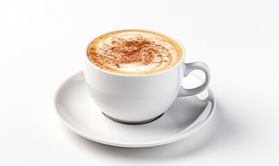 White background with cup of warm cappuccino