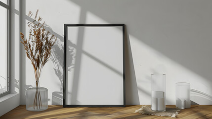 Mock up frame in home interior background, white room with natural wooden furniture, Scandi-Boho style, 3d render