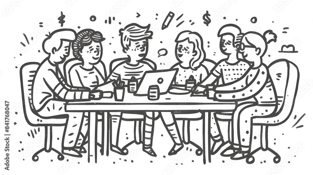Poster diverse business team brainstorming and discussing strategies in doodle line art style