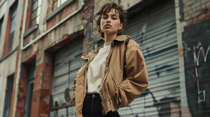 Fototapeta premium Model wearing a chic streetwear outfit in an urban setting
