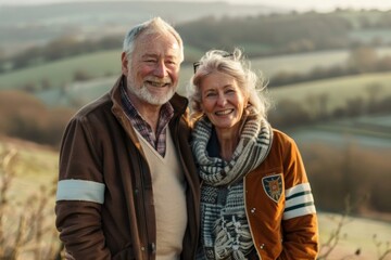 Portrait of a happy couple in their 50s sporting a stylish varsity jacket on backdrop of an idyllic countryside