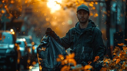 Obraz premium Determined Garbage Collector: Silhouette of Worker Lifting Full Trash Bag on Urban Street - Close-up Dynamic Shot