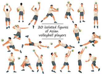 Vector figures of Thai or Japanese volleyball team players in white T-shirts in various poses training, running, jumping, throwing, hitting the ball