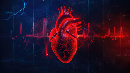 Human heart with cardio pulse line  chromosome and Flowing red blood cells