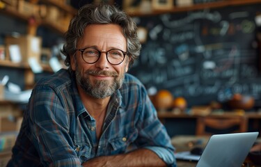 Fototapeta premium Smiling teacher wearing glasses sits at a desk with a laptop in front of a blackboard
