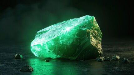 A stunning emerald gemstone on a dark surface, with smaller crystals surrounding it, illuminated with a captivating glow.