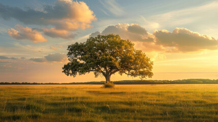 Obraz premium Old oak tree standing alone in a vast, open field at sunset