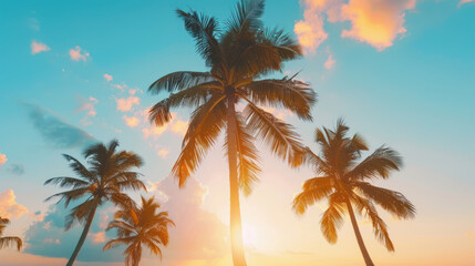 Palm trees swaying gently in the breeze against a tropical sunset