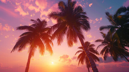 Naklejka premium Palm trees swaying gently in the breeze against a tropical sunset