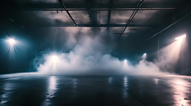 Abandoned empty warehouse with smoke and dramatic spotlights