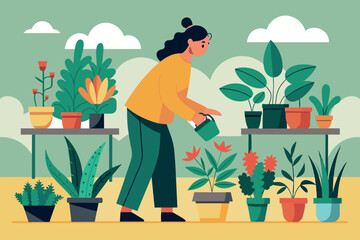 A girl is tending plants on a balcony or in a garden. There are several plants of different shapes and sizes around, some in pots on the floor, others on shelves. hobby theme gardening,