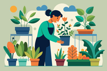 A girl is tending plants on a balcony or in a garden. There are several plants of different shapes and sizes around, some in pots on the floor, others on shelves. hobby theme gardening,